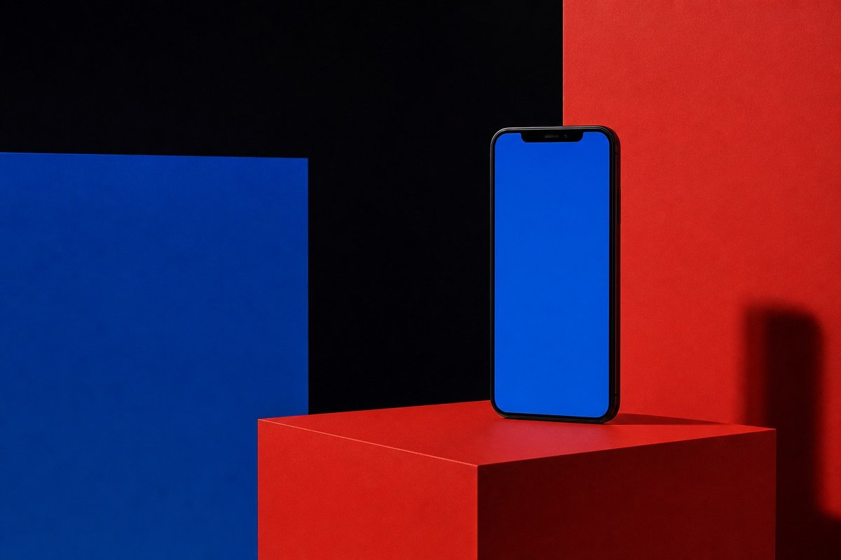 Geometrisches Smartphone-Objekt auf schwarzem Farbfeld mit blauem Schattenwurf