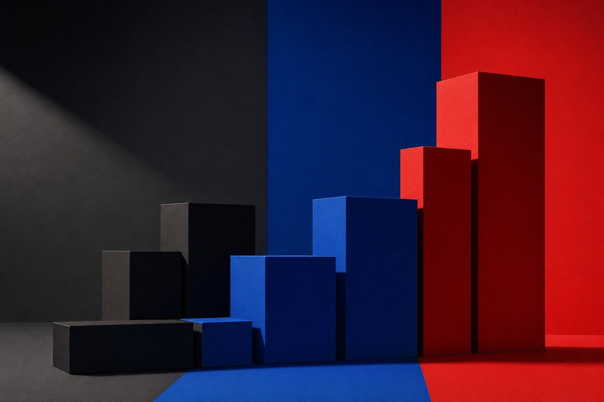 Abstrakte ansteigende geometrische Blöcke in Schwarz, Blau und Rot als Sinnbild für steigende Zinsen